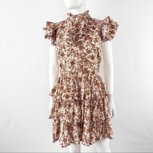 Caroline Constas Brown Floral KYRA Ruffle Mini Dress Size L Formal Evening